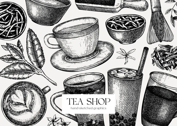 Tea shop or cafe design with hand-sketched tea drinks illustrations. Vector sketches of teacups, glasses, dried leaves, jasmine blossoms. Popular beverages background for menu or banner template